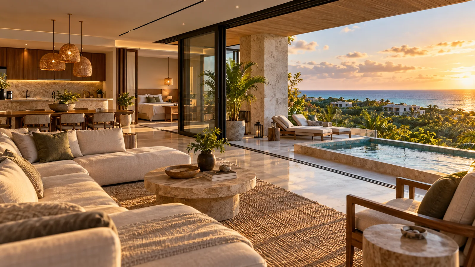 Departamento de lujo en Riviera Maya con acabados naturales, terraza y piscina privada